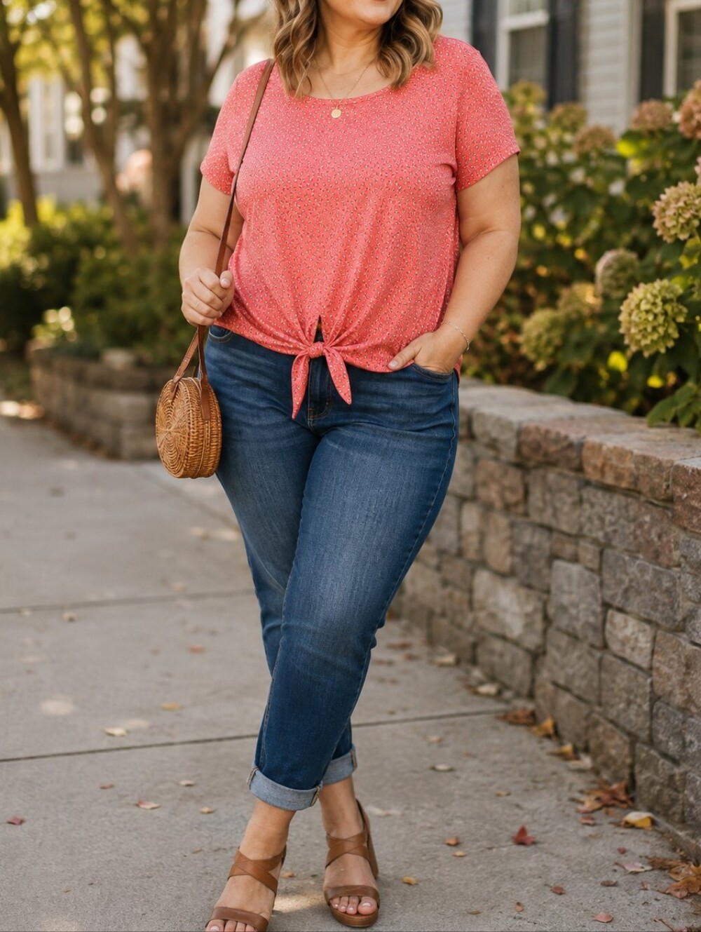 MY STYLE Plus Size Coral 100% Cotton Floral Tie-Hem Short Sleeve Tee Casual